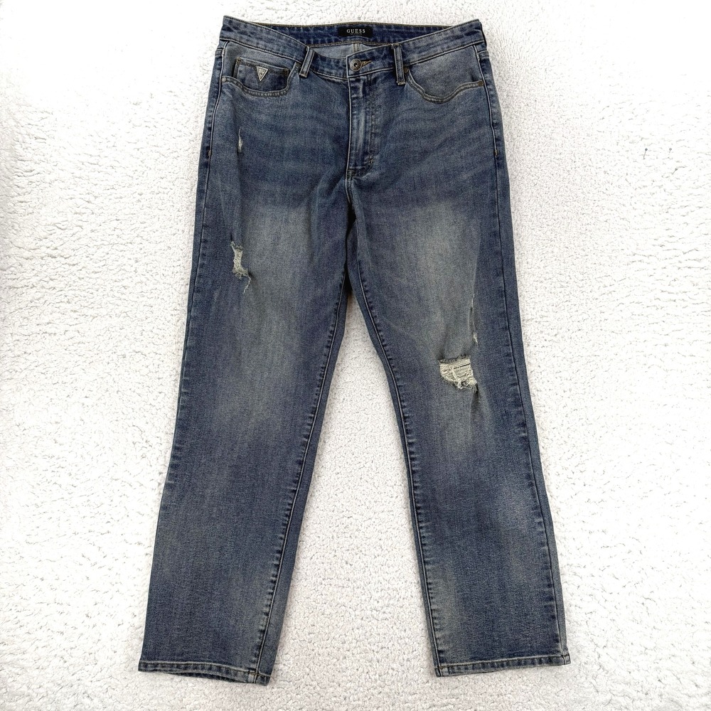 Guess Jeans Mens 34x32 Blue Regular Straight Distressed Denim Pants X5BA19R3DA0